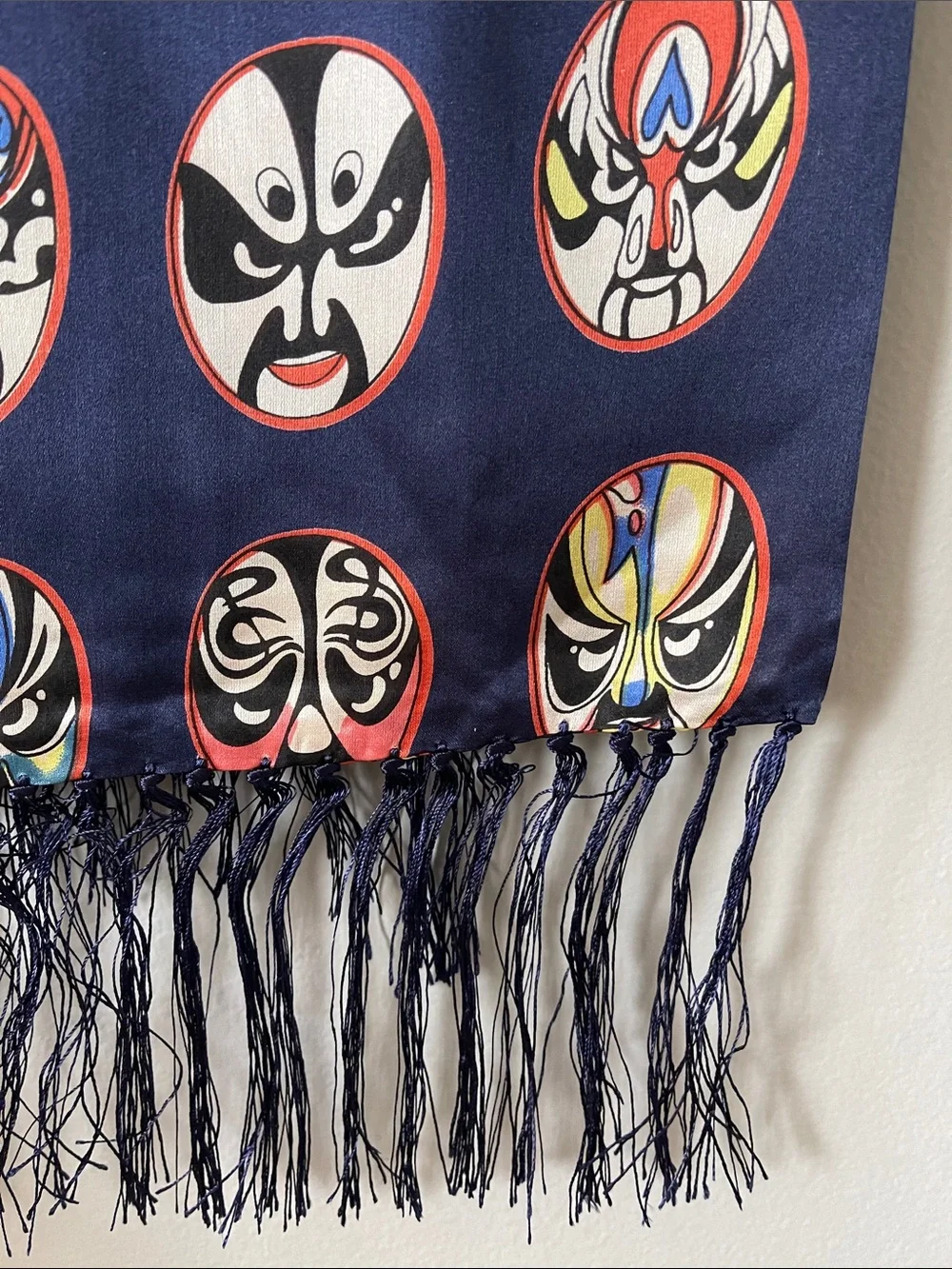 Silk Navy Scarf with Multicolor Mask Motif fringe ends